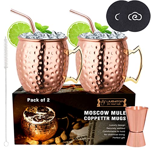 LIVEHITOP Moscow Mule Copper Mugs Set of 2, 19.5 Oz Handcrafted Copper Cups Stainless Steel Lining with Jigger, Straws, Brush, Coasters for Party, Bar, Gift