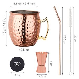 LIVEHITOP Moscow Mule Copper Mugs Set of 2, 19.5 Oz Handcrafted Copper Cups Stainless Steel Lining with Jigger, Straws, Brush, Coasters for Party, Bar, Gift