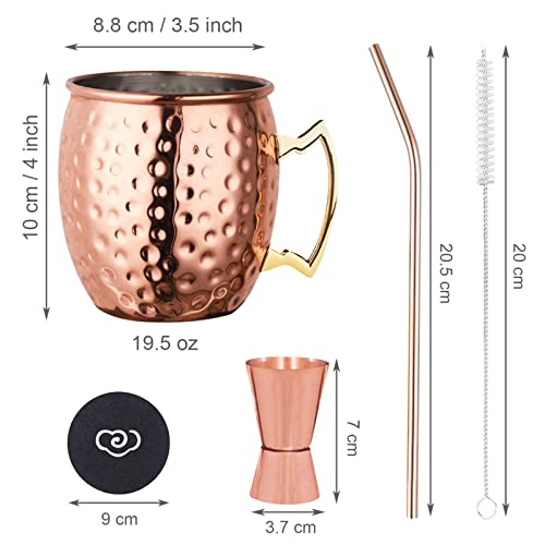 LIVEHITOP Moscow Mule Copper Mugs Set of 2, 19.5 Oz Handcrafted Copper Cups Stainless Steel Lining with Jigger, Straws, Brush, Coasters for Party, Bar, Gift