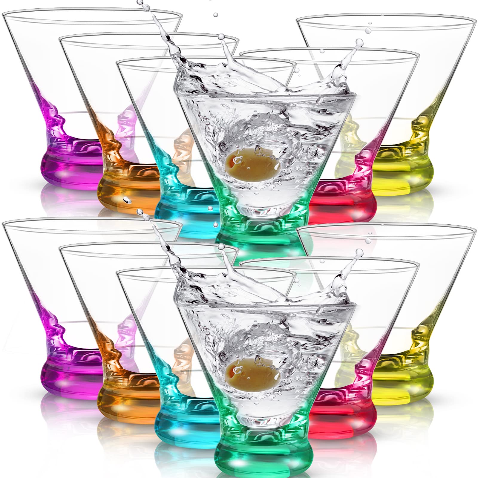 Martini Glasses Colorful Set of 12 Stemless 8 Ounces Cocktail Glasses with Colored Base Cups for Margaritas Home Bar Glassware Colorful Drinking Glasses for Martini Lovers Gift Bar Dessert Kitchen