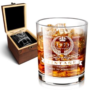 50th birthday gifts for men, 1973 whiskey glass in valued wooden box, vintage anniversary etched 12oz whiskey rocks glass for dad, husband, friend, 50th birthday decorations for men