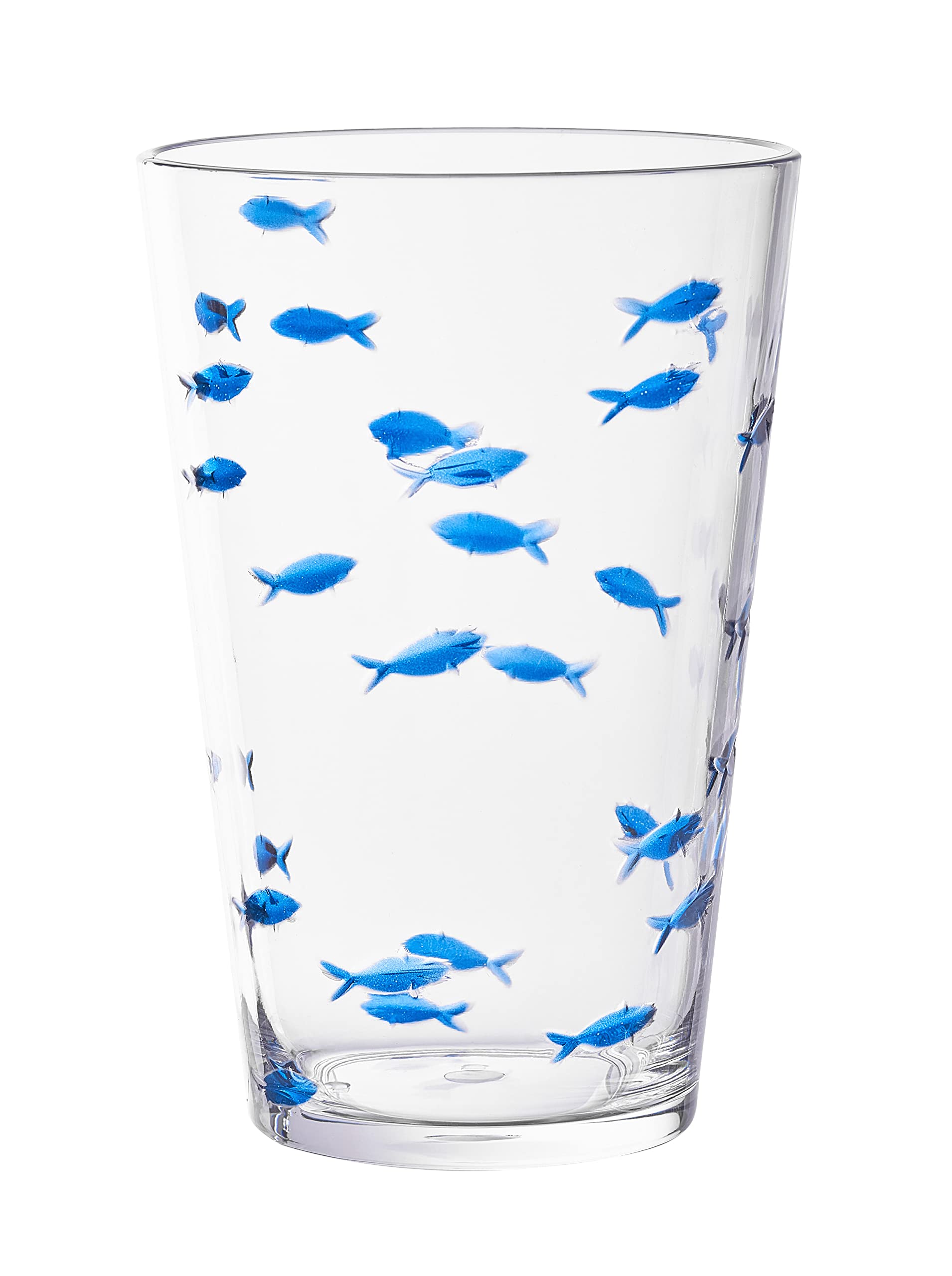 KLIFA- CHARLESTON- 19 oz, Set of 6, Acrylic Fishing Highball, School of Fish Drinking Glasses, BPA-Free, Stackable Plastic Drinkware, Dishwasher Safe Cups, Clear with Dark Blue Printing