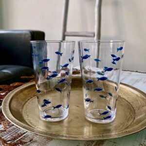 KLIFA- CHARLESTON- 19 oz, Set of 6, Acrylic Fishing Highball, School of Fish Drinking Glasses, BPA-Free, Stackable Plastic Drinkware, Dishwasher Safe Cups, Clear with Dark Blue Printing