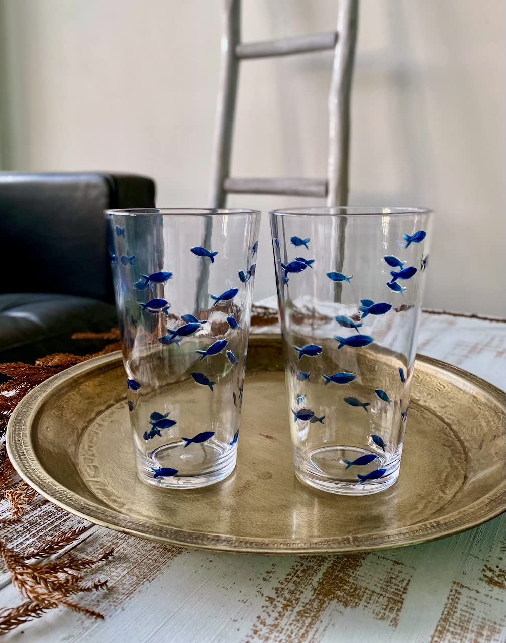 KLIFA- CHARLESTON- 19 oz, Set of 6, Acrylic Fishing Highball, School of Fish Drinking Glasses, BPA-Free, Stackable Plastic Drinkware, Dishwasher Safe Cups, Clear with Dark Blue Printing