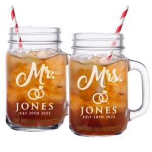 the wedding party store, mr and mrs mason jar glasses for couples - personalized engraved wedding - custom monogrammed - set of 2
