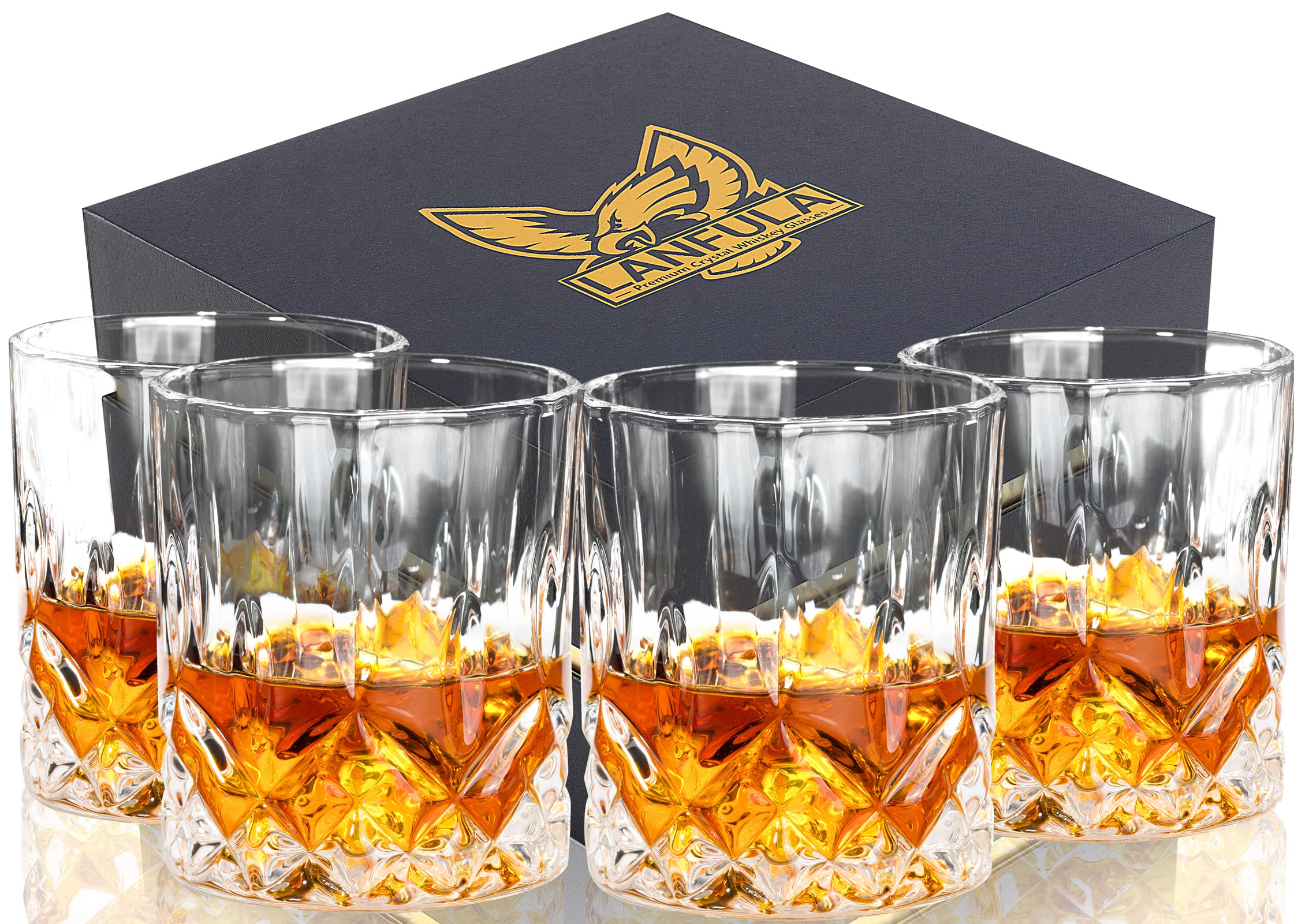 LANFULA Crystal Whiskey Glass, Premium Old Fashioned Glasses Set of 4 In Gift Box. Rocks Tumbler for Drinking Scotch Bourbon Cocktail Whisky 10oz