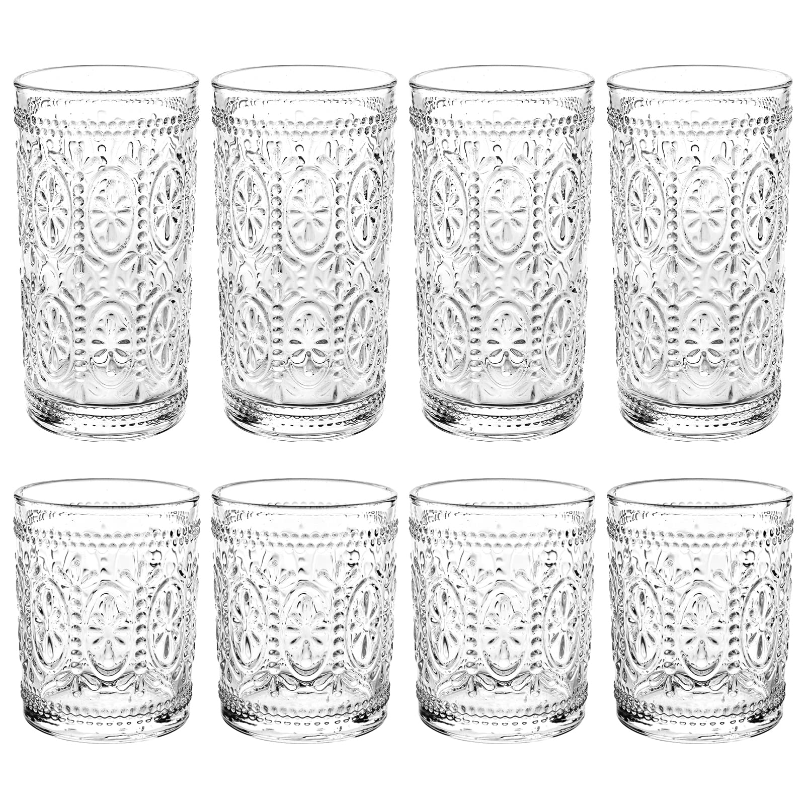 Bekith 8 Pack Drinking Glasses, 4 Highball Glasses (12 oz) and 4 Rocks Glasses (10oz), Romantic Water Glasses Tumblers, Vintage Glassware Set for Beverages, Beer, Juice, Cocktail