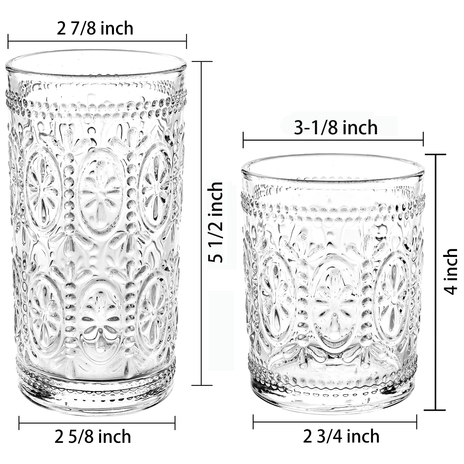 Bekith 8 Pack Drinking Glasses, 4 Highball Glasses (12 oz) and 4 Rocks Glasses (10oz), Romantic Water Glasses Tumblers, Vintage Glassware Set for Beverages, Beer, Juice, Cocktail