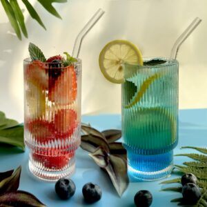 FINFINLIFE Ribbed Kitchen Glassware - 12oz Ribbed Glasses with Straws & Rose Ice Mold, Ideal for Home Entertaining & Cocktail Enthusiasts, Versatile for Iced Tea, Fruit Juice, Smoothies