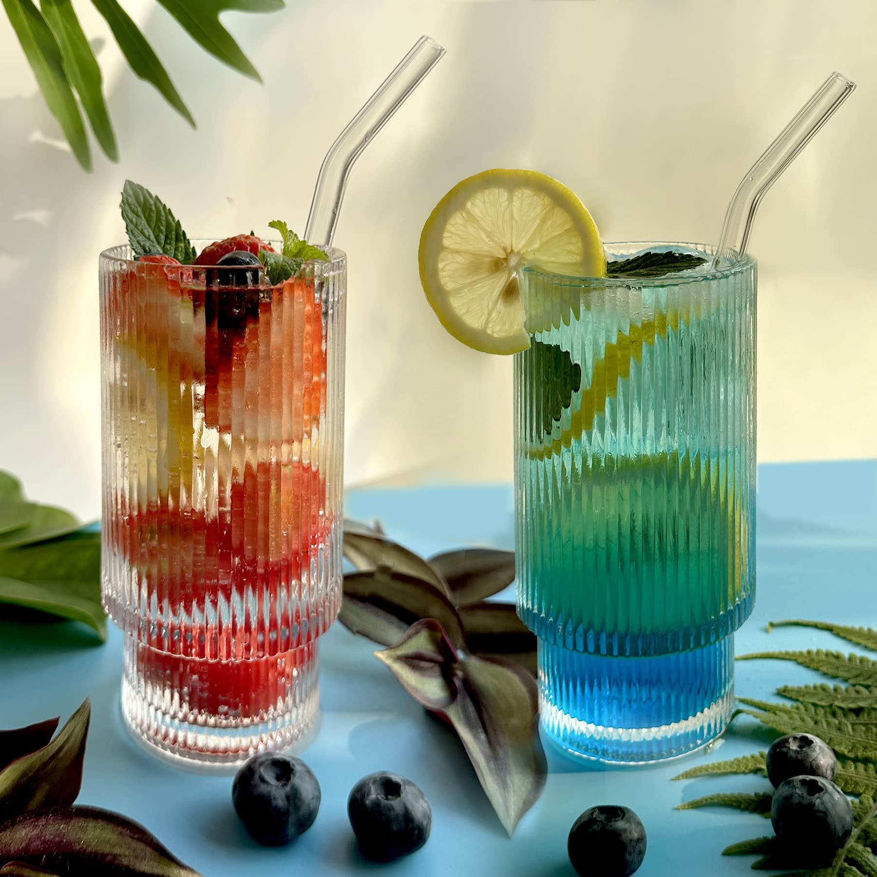 FINFINLIFE Ribbed Kitchen Glassware - 12oz Ribbed Glasses with Straws & Rose Ice Mold, Ideal for Home Entertaining & Cocktail Enthusiasts, Versatile for Iced Tea, Fruit Juice, Smoothies