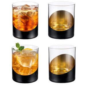 mygift 12 oz modern matte black and gold tone designer cocktail glasses - double old fashioned lowball whiskey rocks drinking glass, set of 4