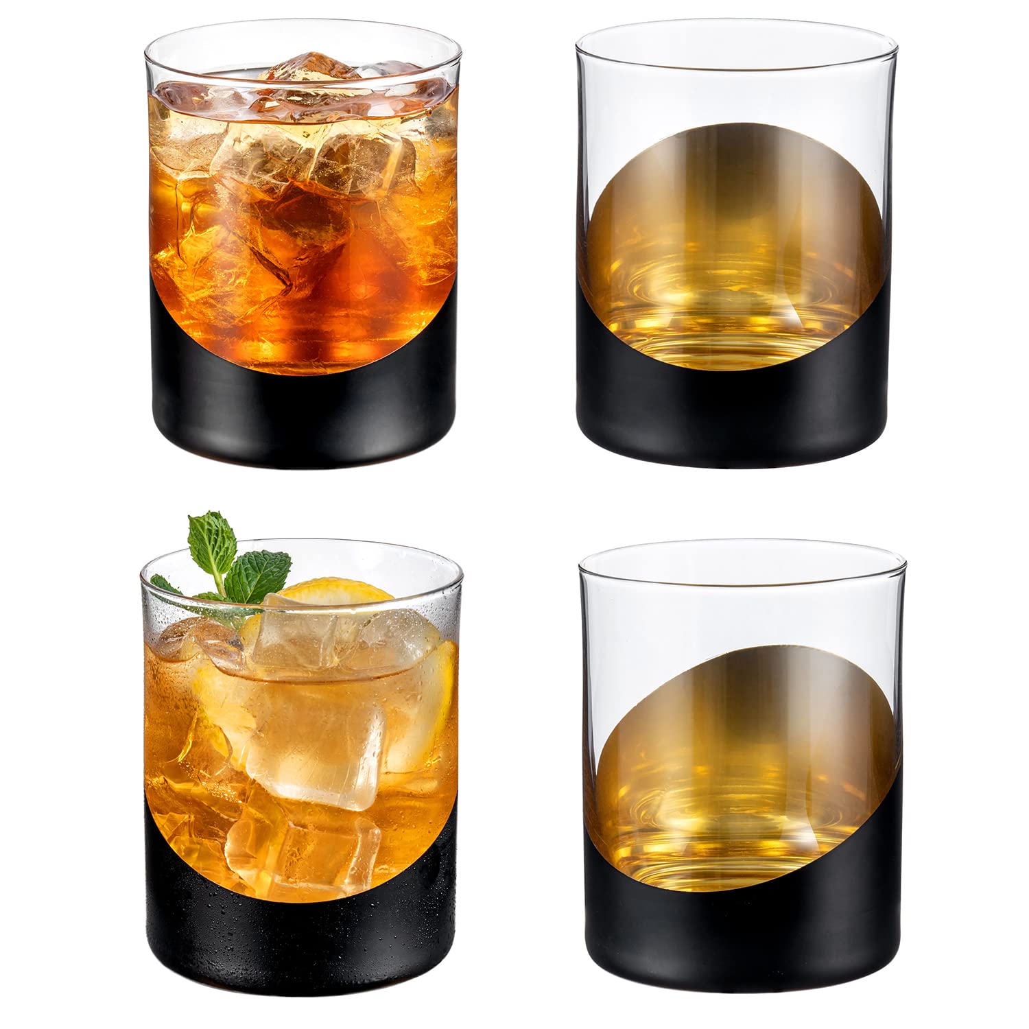 MyGift 12 oz Modern Matte Black and Gold Tone Designer Cocktail Glasses - Double Old Fashioned Lowball Whiskey Rocks Drinking Glass, Set of 4