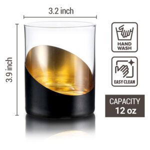 MyGift 12 oz Modern Matte Black and Gold Tone Designer Cocktail Glasses - Double Old Fashioned Lowball Whiskey Rocks Drinking Glass, Set of 4