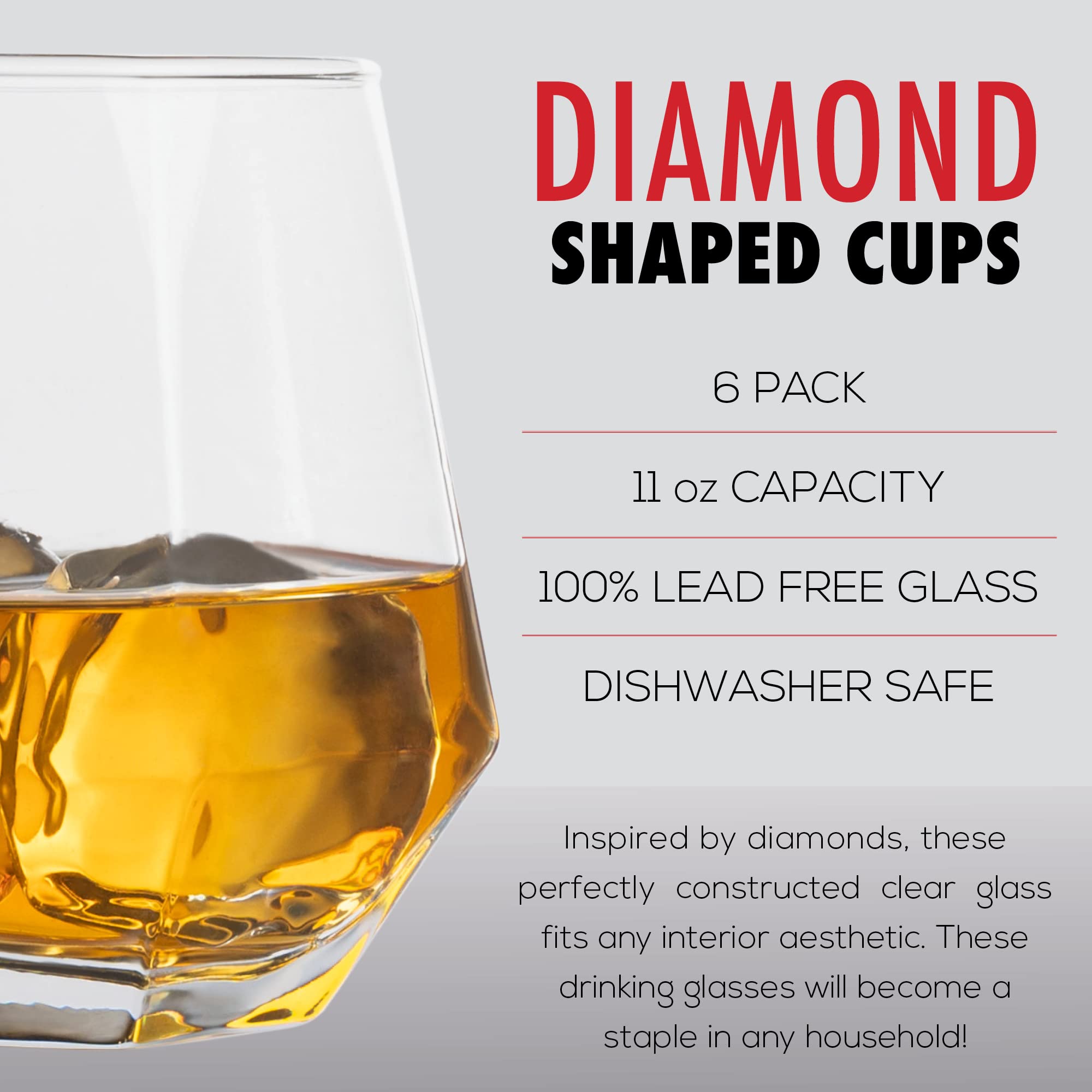 Diamond Whiskey Glasses - Stemless Wine Glass Set of 4- Geometric Tilting Design- Rolling Whiskey Glasses -Stem Less Anti Rocking Cup Diamonds Shaped Tilted Glassware Drinking Tumblers for Wiskey/Wine