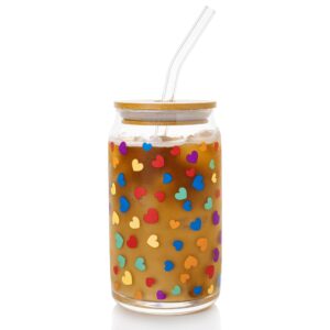 care for products color changing 16oz soda can glass with bamboo lid and glass straw | iced coffee cup | can shaped glass with color changing heart design