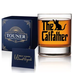 touner the catfather whiskey glasses, funny cat whiskey rocks glass, cat lover gifts for him cat dads cat owner, funny birthday gift for new dad daddy stepdad, unique gift for cat lovers