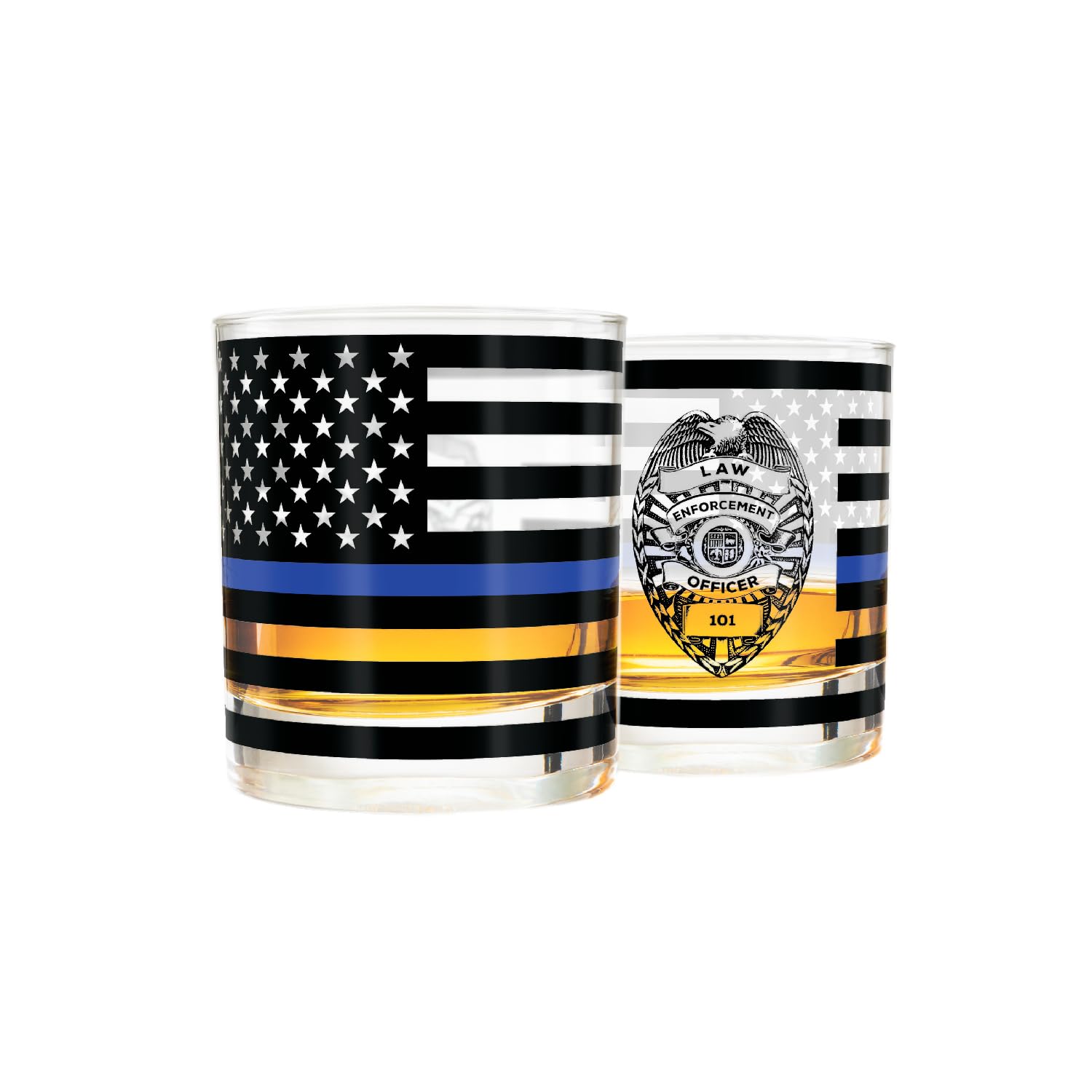 Greenline Goods Thin Blue Line Police Officer Whiskey Old Fashioned Glasses (Set of 2) - 10 oz - Classic Drinkware with Law Enforcement Flag Graphics - Shows Support for First Responders