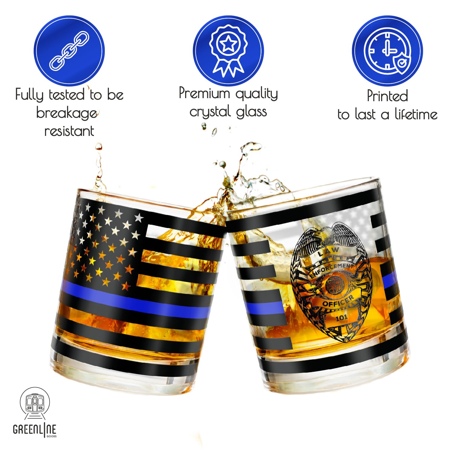 Greenline Goods Thin Blue Line Police Officer Whiskey Old Fashioned Glasses (Set of 2) - 10 oz - Classic Drinkware with Law Enforcement Flag Graphics - Shows Support for First Responders