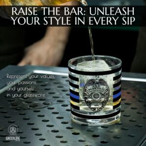 Greenline Goods Thin Blue Line Police Officer Whiskey Old Fashioned Glasses (Set of 2) - 10 oz - Classic Drinkware with Law Enforcement Flag Graphics - Shows Support for First Responders