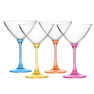 lily's home unbreakable plastic martini glasses with colored stem. made of shatterproof polycarbonate plastic and ideal for indoor and outdoor use, reusable (9 oz. each, set of 4)