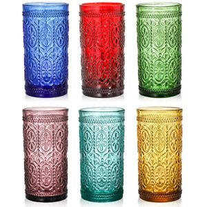 bekith 6 pack premium colored drinking glasses, 12 ounce vintage water glasses, heavy glassware multicolor glass tumbler for beverages, juice, beer, cocktail