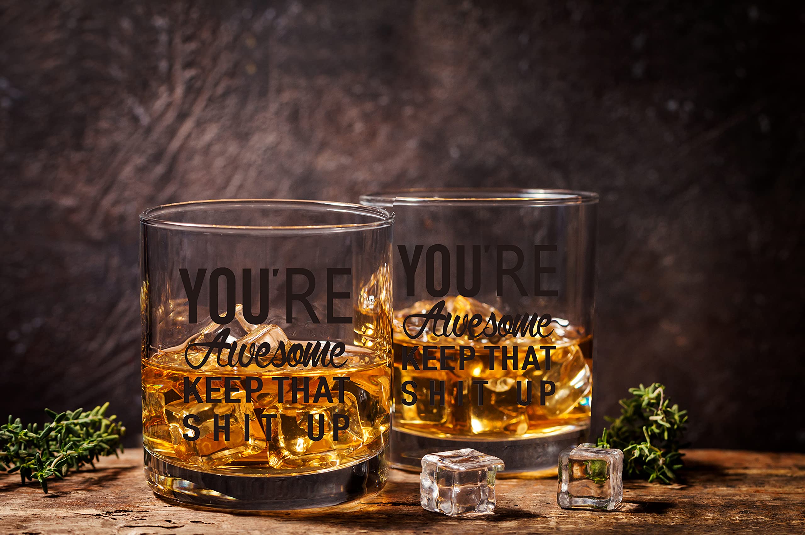 You're Awesome Keep That Up Funny Whiskey Glasses for Men, Women, Unique Birthday, Thank You Gifts for Friends, Mom, Dad, BFF, Coworkers, Congratulations Gifts for Him, 11 oz Old Fashioned Whiskey