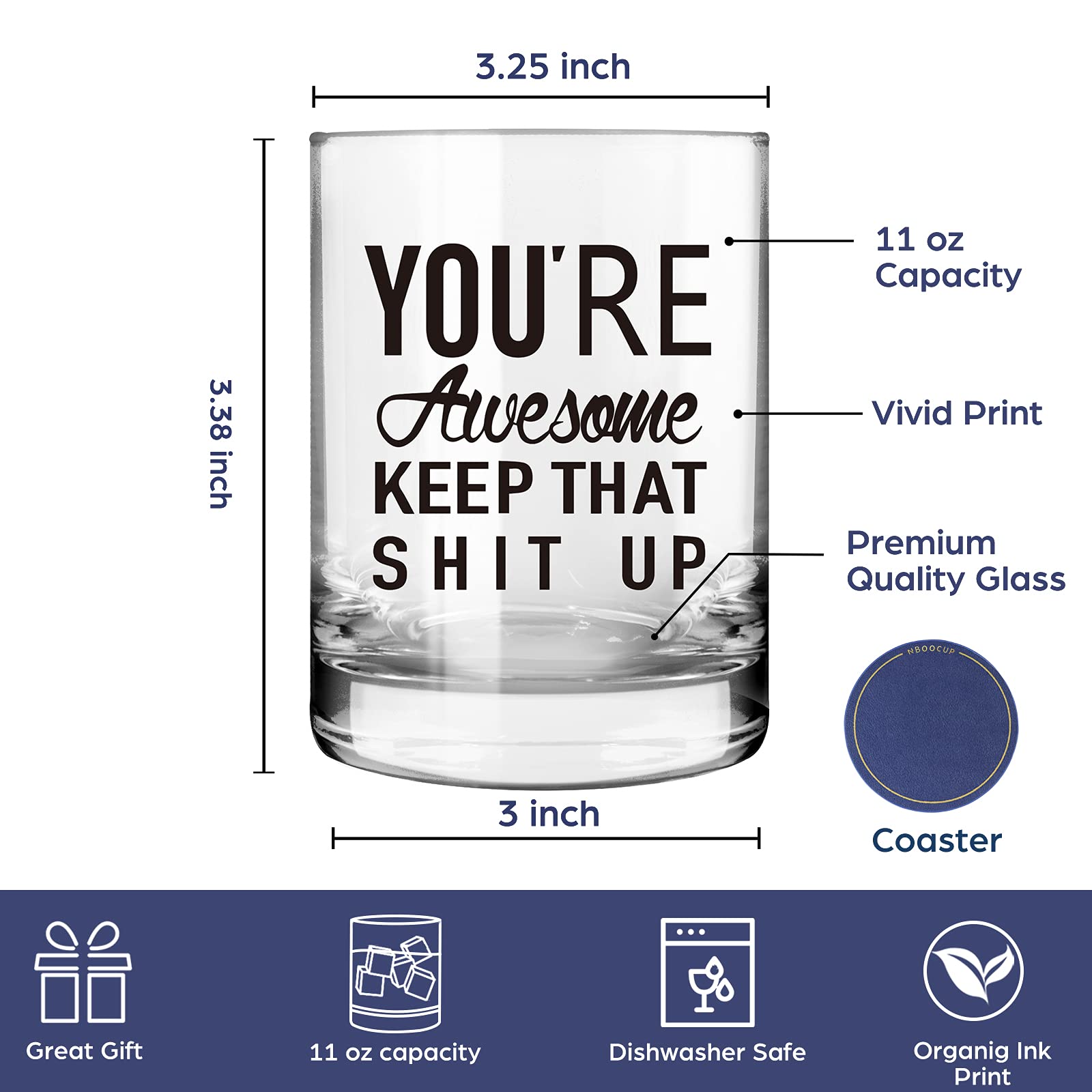 You're Awesome Keep That Up Funny Whiskey Glasses for Men, Women, Unique Birthday, Thank You Gifts for Friends, Mom, Dad, BFF, Coworkers, Congratulations Gifts for Him, 11 oz Old Fashioned Whiskey