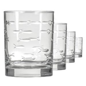 rolf glass school of fish 13oz double old fashioned glass | whiskey glass set of 4 | lead-free glass | engraved tumbler glasses | designed and engraved in the us