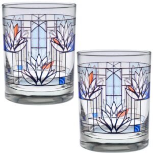frank lloyd wright dof double old fashioned glass 14-ounce (gift boxed set of 2, waterlilies)