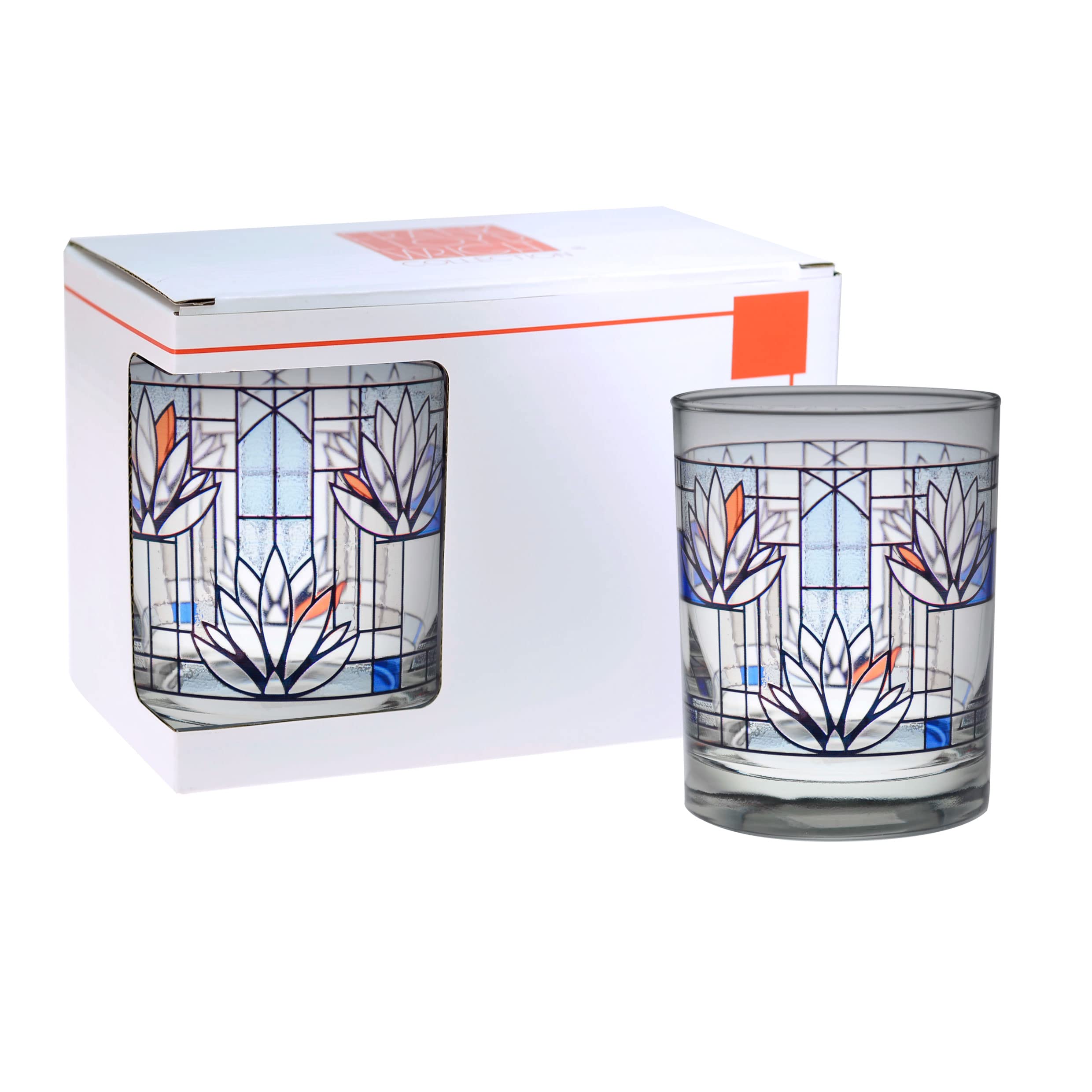 Frank Lloyd Wright DOF Double Old Fashioned Glass 14-Ounce (Gift Boxed Set of 2, Waterlilies)
