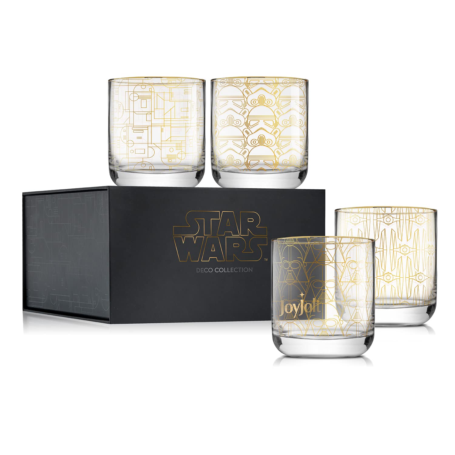 JoyJolt Star Wars Glassware. 'Deco' Lowball Glasses Set of 4, 10oz Star Wars Glasses. Short Glass Tumbler with Darth Vader in a Retro Crystal Glass Cup. Double Old Fashioned Rocks Glass or Water Glass