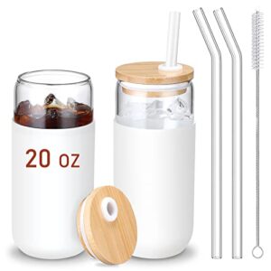20 oz glass cups with bamboo lids and straws - beer can shaped drinking glasses with silicone protective sleeve set, iced coffee glasses, cute tumbler cup for water, smoothie, boba tea, gift - 2 pack