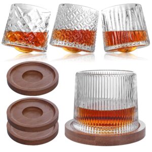 gpyg whiskey glasses-premium 10 oz scotch glasses set of 4 with wood coasters, spinning old fashioned whiskey glasses for scotch, bourbon, liquor, vodka, cocktail, rum