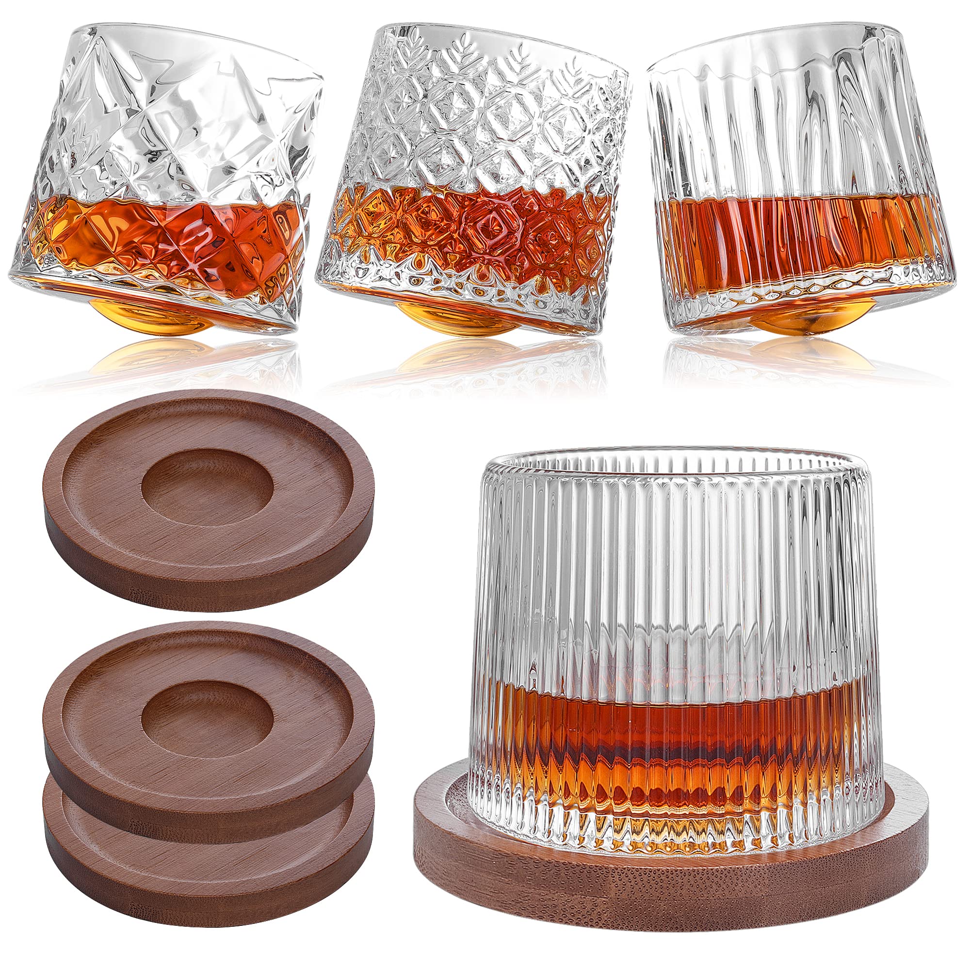 GPYG Whiskey Glasses-Premium 10 OZ Scotch Glasses Set of 4 with Wood Coasters, Spinning Old Fashioned Whiskey Glasses For Scotch, Bourbon, Liquor, Vodka, Cocktail, Rum