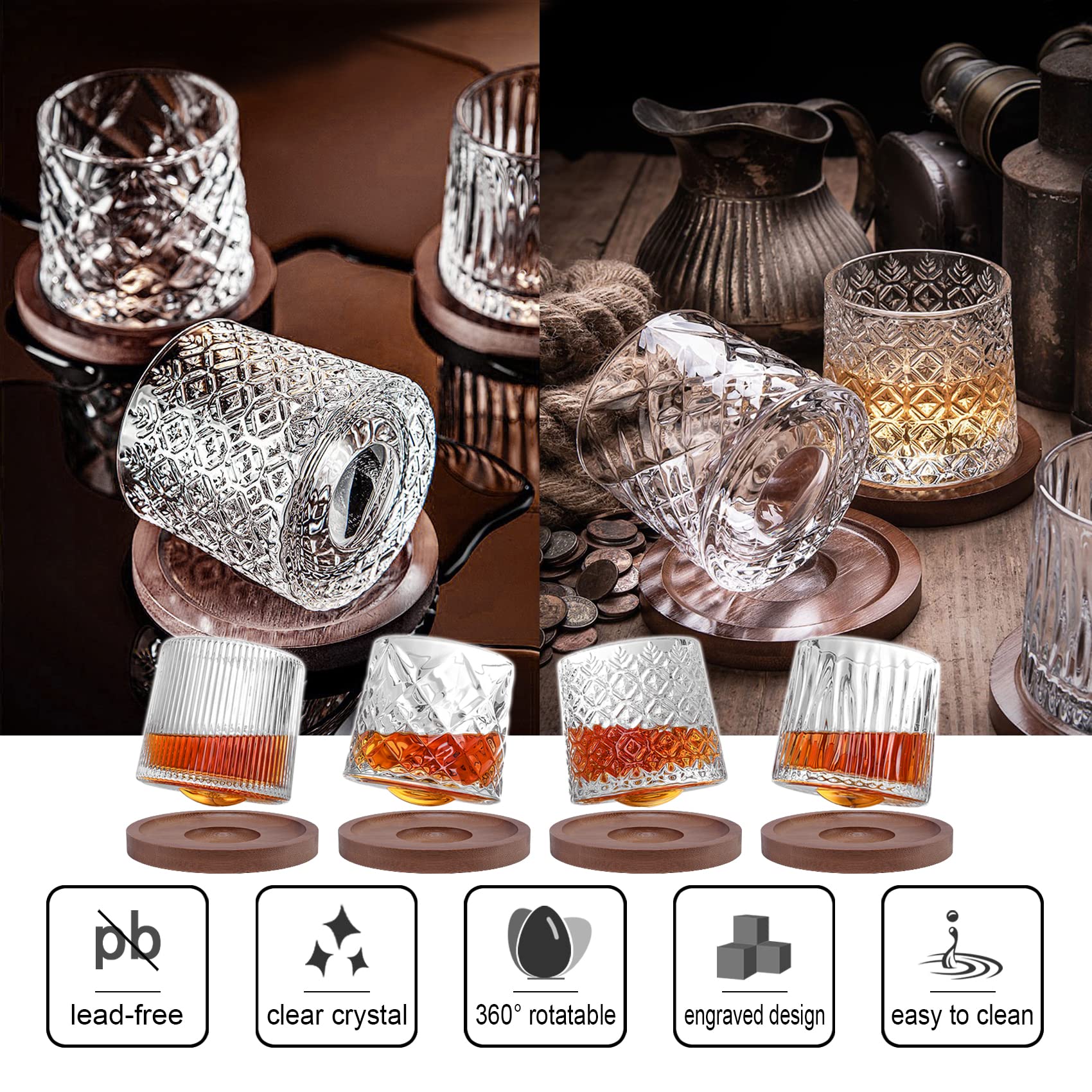 GPYG Whiskey Glasses-Premium 10 OZ Scotch Glasses Set of 4 with Wood Coasters, Spinning Old Fashioned Whiskey Glasses For Scotch, Bourbon, Liquor, Vodka, Cocktail, Rum