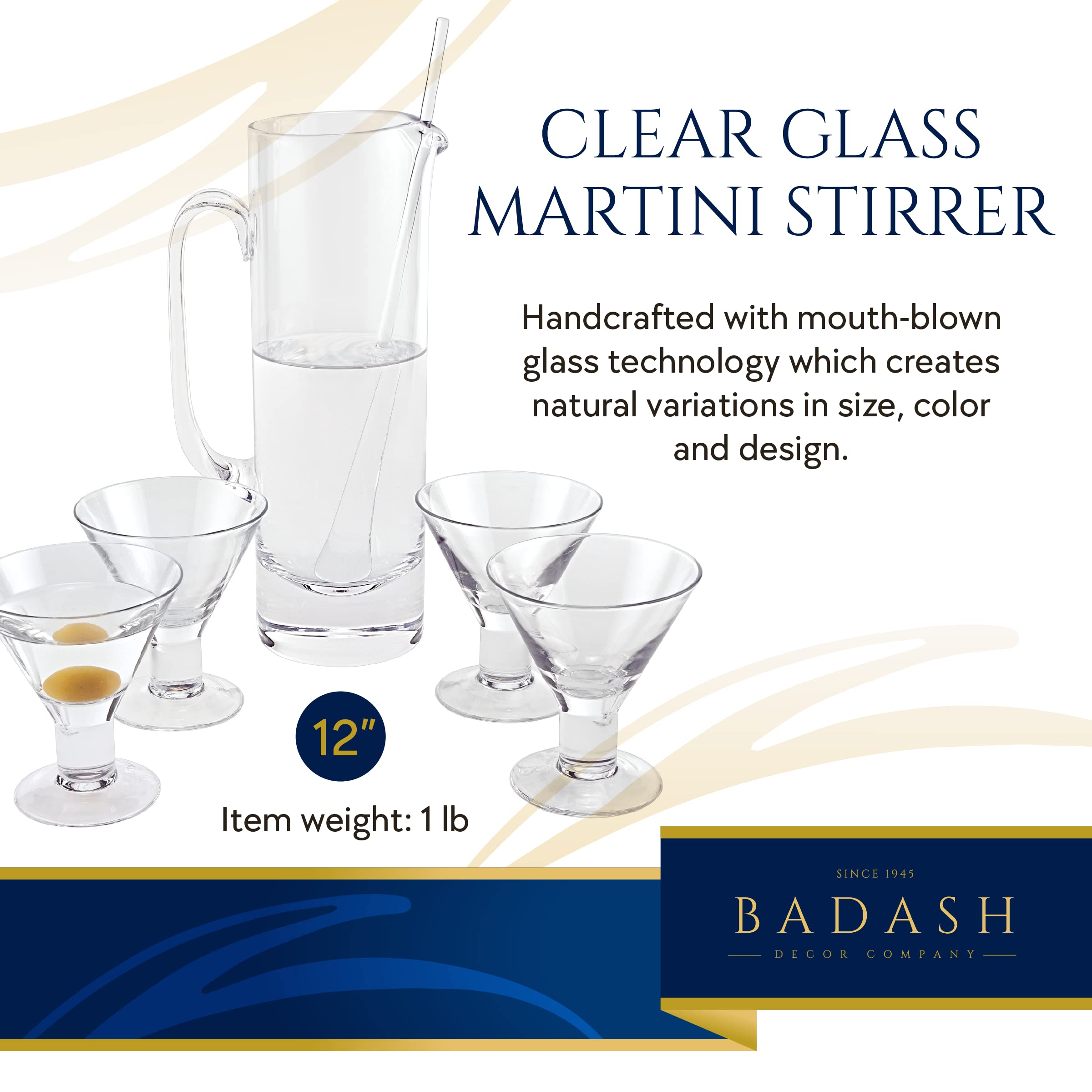 Badash Glass Cocktail Stirrer - 12" Long Mouth-Blown Lead-Free Glass Stir Rod - Bar Cocktail Shaker Spoon - Cocktail Stirrer for Drinks