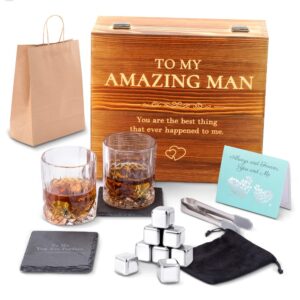 adexdo anniversary gi fts for him | boyfriend | fiance| men | husband, birthday | wedding anniversary | valentine's day gift, 8 stainless steel whiskey stones & 2 whiskey glasses(11oz)