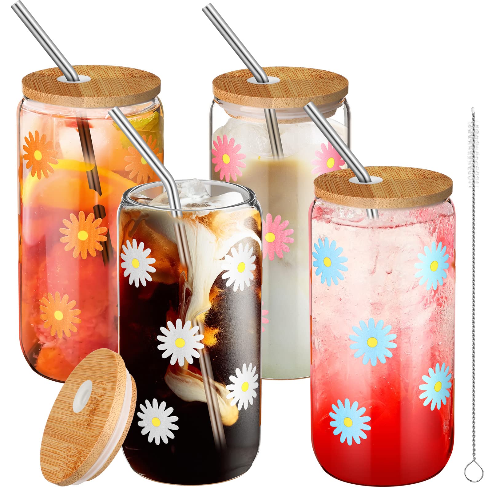 meekoo 4 Pieces Christmas Daisy Glass Cup with Bamboo Lids and Straws 16 oz Beer Can Shaped Drinking Glass Cup Cute Flower Iced Coffee Cup Aesthetic Soda Soft Tumbler for Xmas Party Women Friend Gift