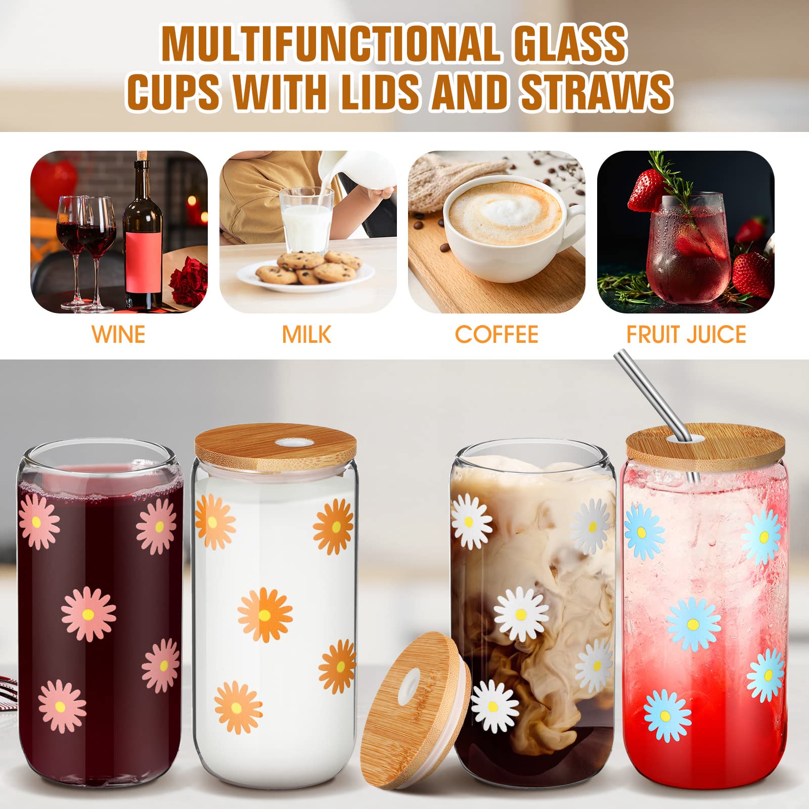 meekoo 4 Pieces Christmas Daisy Glass Cup with Bamboo Lids and Straws 16 oz Beer Can Shaped Drinking Glass Cup Cute Flower Iced Coffee Cup Aesthetic Soda Soft Tumbler for Xmas Party Women Friend Gift