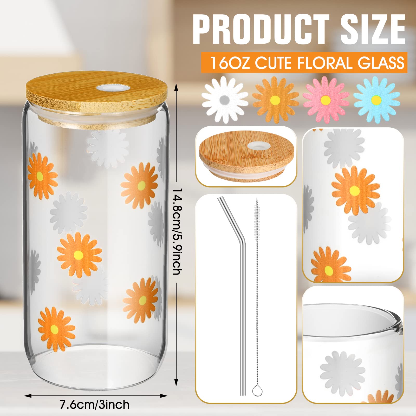 meekoo 4 Pieces Christmas Daisy Glass Cup with Bamboo Lids and Straws 16 oz Beer Can Shaped Drinking Glass Cup Cute Flower Iced Coffee Cup Aesthetic Soda Soft Tumbler for Xmas Party Women Friend Gift