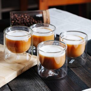 BTaT- Double wall glass, Set of 4 (5 oz, 150 ml), Insulated Drinking Glasses, Espresso Cups, Glass Coffee Cups, Cappuccino Cups, Scotch Glasses, Glass Mug for Hot & Cold Beverages