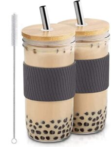melissa & grace [2 pack] 24oz glass cups with airtight bamboo lids, silicone sleeve, wide mouth metal straw cleaners - fashionable reusable boba for iced coffee/tea, travel drinks 2.9x7.8 (mg2022001)