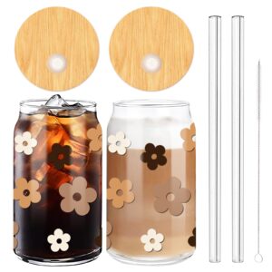whaline retro flowers beer can glasses with lids and straw boho groovy drinking glasses ice coffee cup tumbler cup for cocktails whiskey beer soda gifts, 16oz