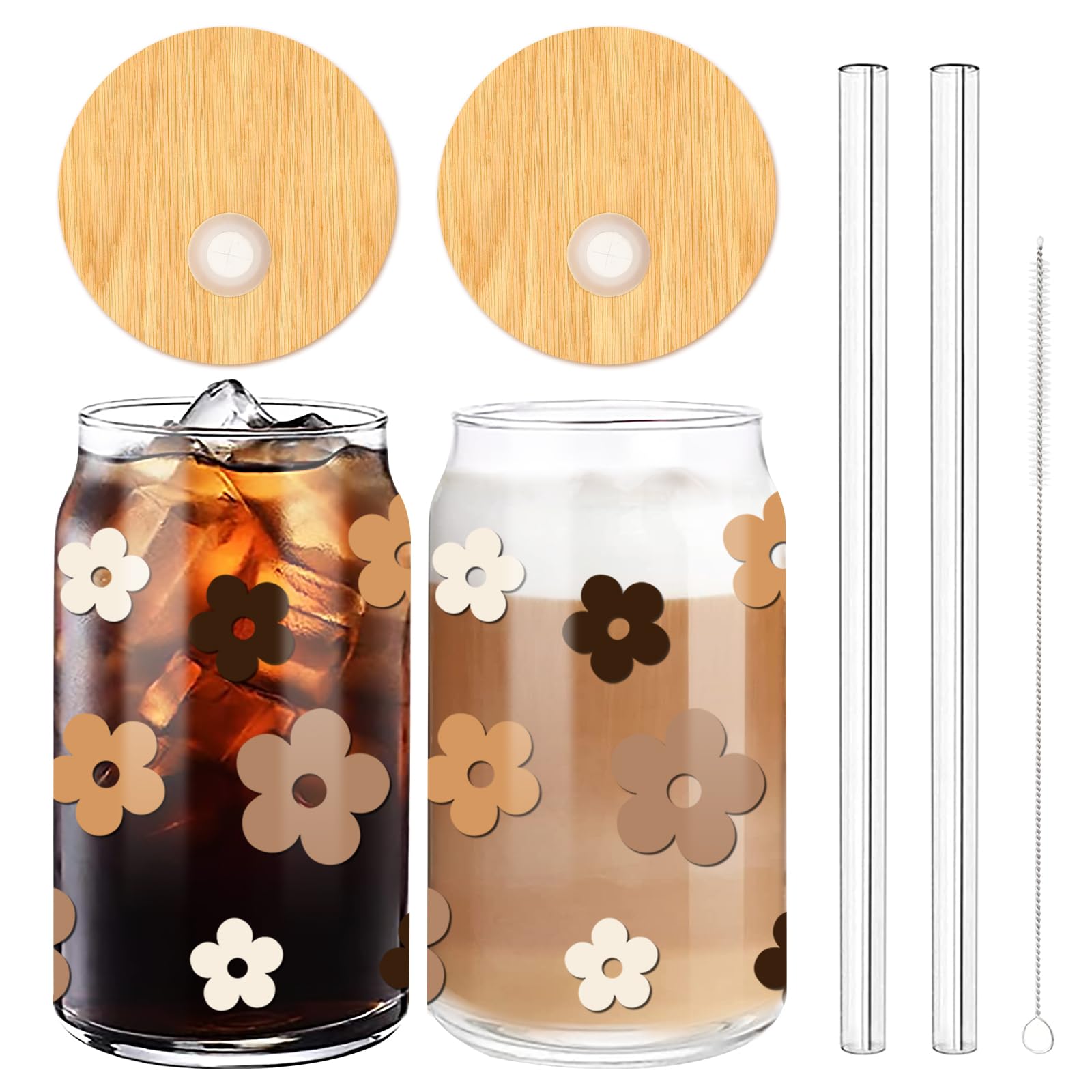 Whaline Retro Flowers Beer Can Glasses with Lids and Straw Boho Groovy Drinking Glasses Ice Coffee Cup Tumbler Cup for Cocktails Whiskey Beer Soda Gifts, 16oz