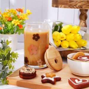 Whaline Retro Flowers Beer Can Glasses with Lids and Straw Boho Groovy Drinking Glasses Ice Coffee Cup Tumbler Cup for Cocktails Whiskey Beer Soda Gifts, 16oz