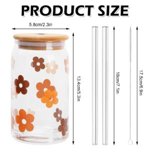 Whaline Retro Flowers Beer Can Glasses with Lids and Straw Boho Groovy Drinking Glasses Ice Coffee Cup Tumbler Cup for Cocktails Whiskey Beer Soda Gifts, 16oz