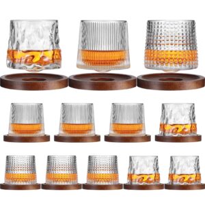 12 pieces whiskey glasses set rotatable old fashioned glasses with creative walnut coasters, whiskey gifts for men husband father's day, bourbon glass cups for drinking cocktails, cognac