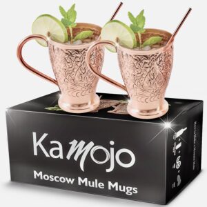 kamojo moscow mule mugs set of 2 - premium unique embossed design & anti-tarnish, food-grade coating - copper cups gift set with 2 copper straws & recipe e-book, 16 oz