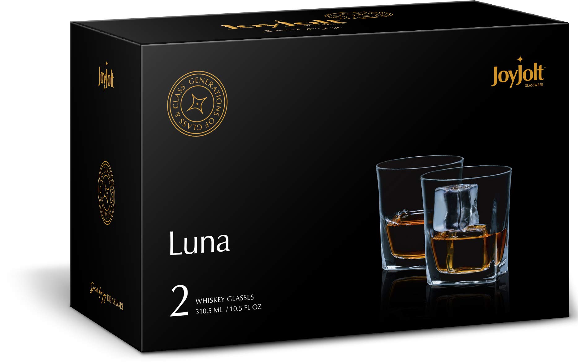 JoyJolt Luna Crystal Whiskey Glasses, Old Fashioned Whiskey Glass 10.5 Ounce, Ultra Clear Crystal Scotch Glass for Bourbon and Liquor Set Of 2 crystal Glassware