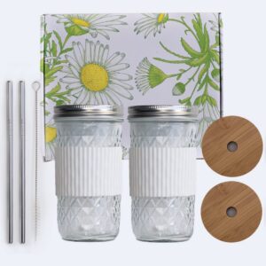 [2pack] glass cups set - 22oz mason jar drinking glasses w/bamboo lids & straws & 2 airtight lids - cute reusable gift box boba bottle, iced coffee glasses, travel tumbler for bubble tea, smoothie